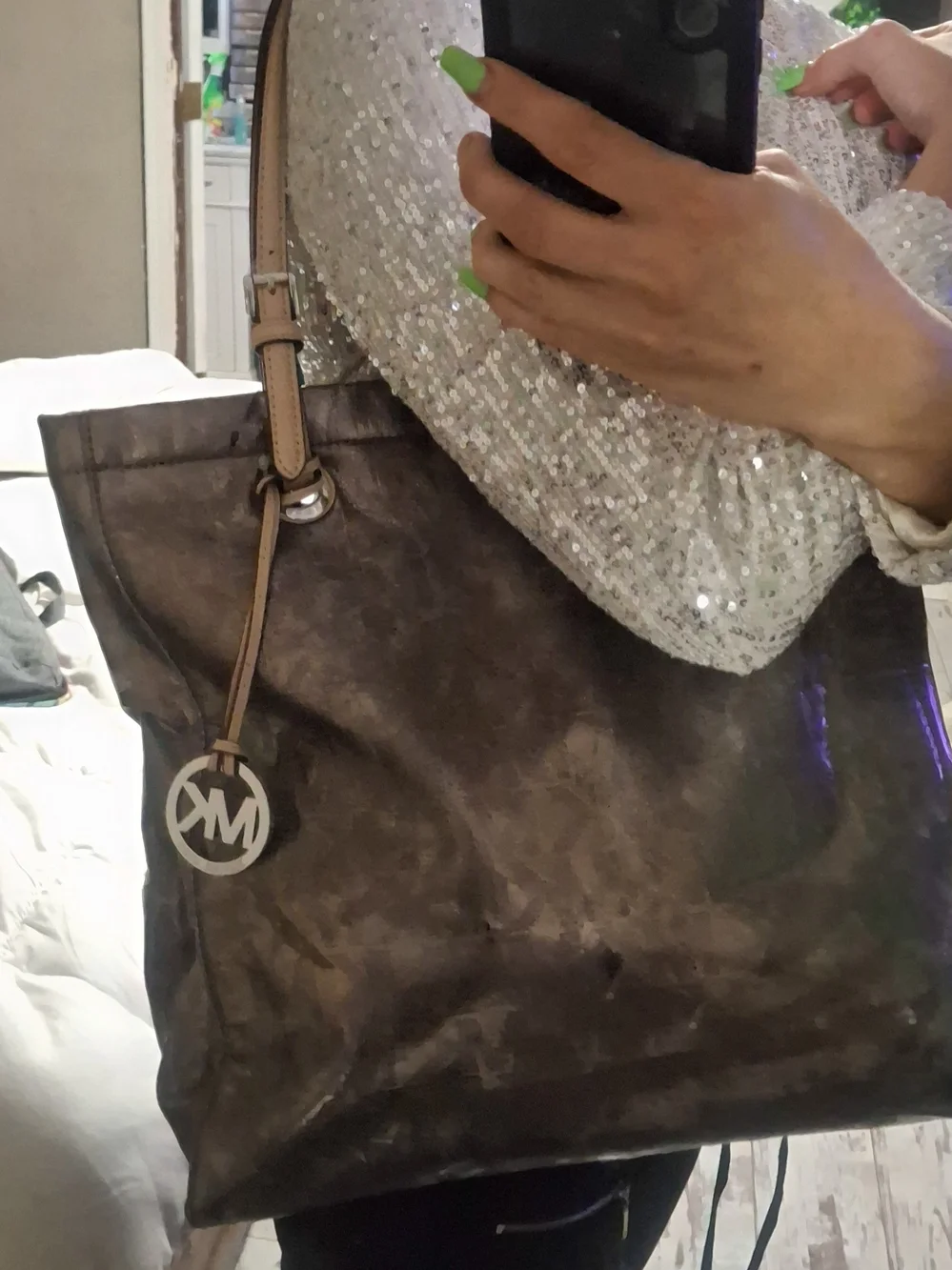 Fair Condition Michael Kors Metallic Bronze Logo Tote with Tan Handles - Picture 13 of 15